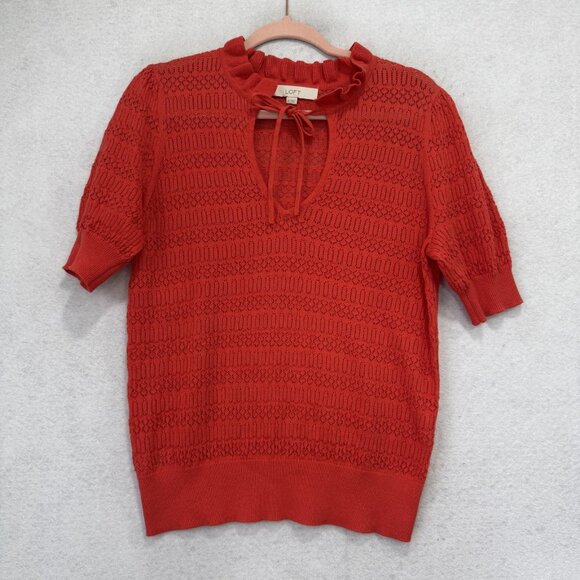 LOFT Sweaters - LOFT Sweater Womens Medium Red V Neck Ruffle Short Sleeve Open Knit Pullover